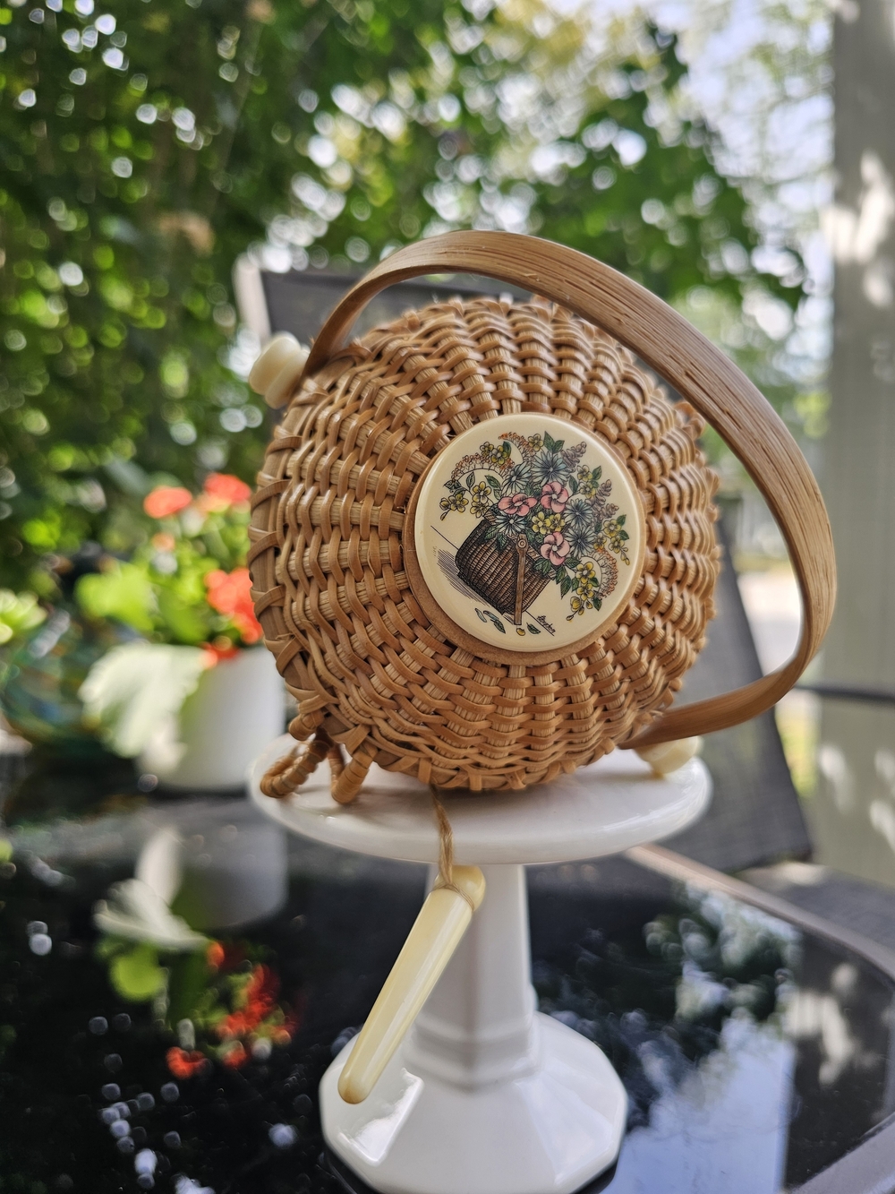 Vintage Miniature Hancock Nantucket Lightship Basket with Scrimshaw Topper